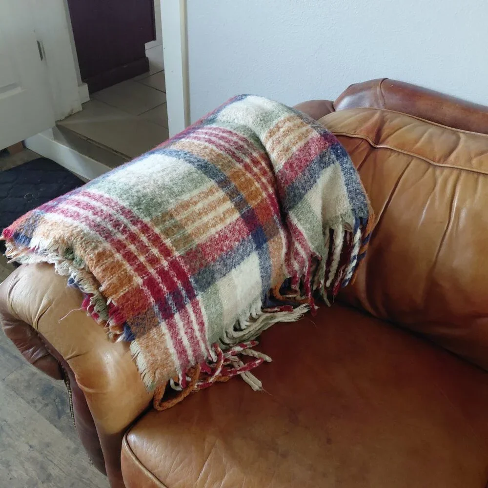Soft Mohair Tartan Plaid Blanket | Red & Green Check Cozy Farmhouse Cottagecore
